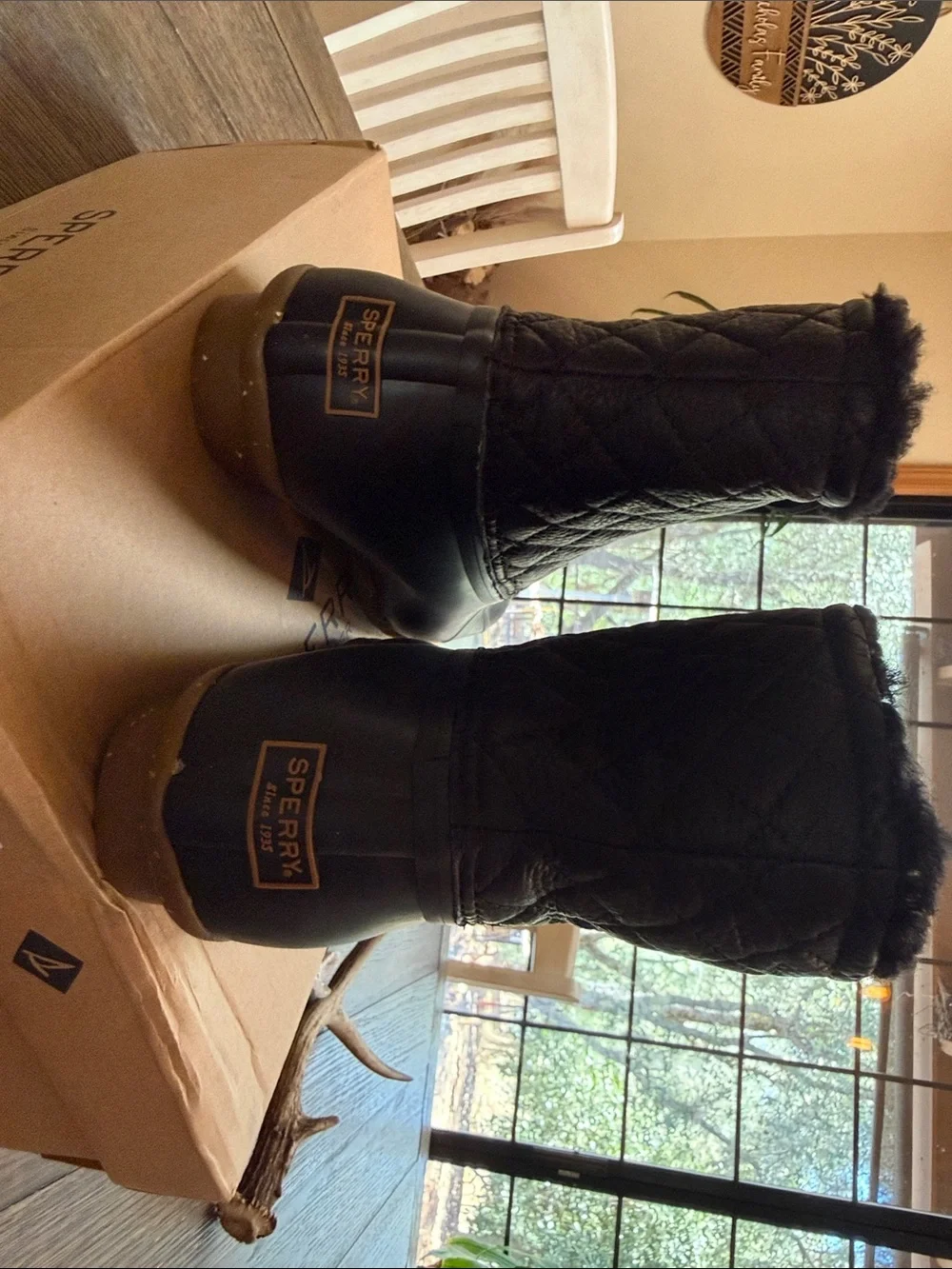 Sperry Black Quilted Lace-Up Duck Boots with Brown Soles